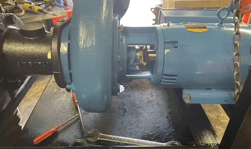 Pump and motor staged for shop rebuild work