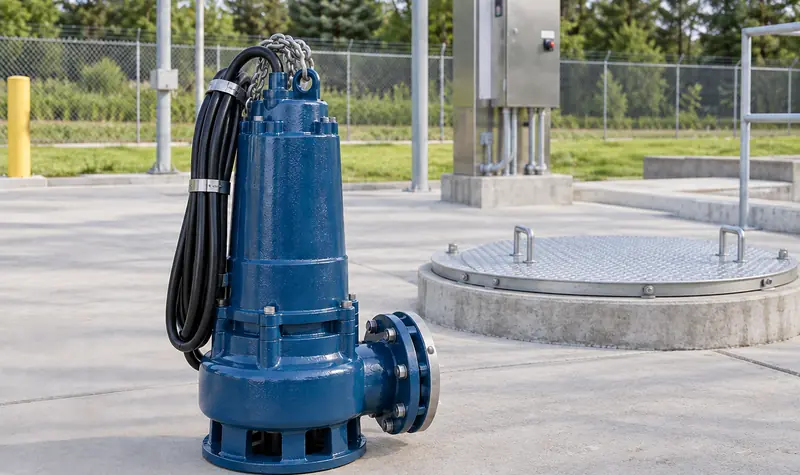 Representative submersible wastewater pump staged at a lift station