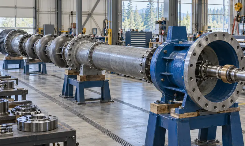 Representative vertical turbine pump assembly arranged for workshop inspection