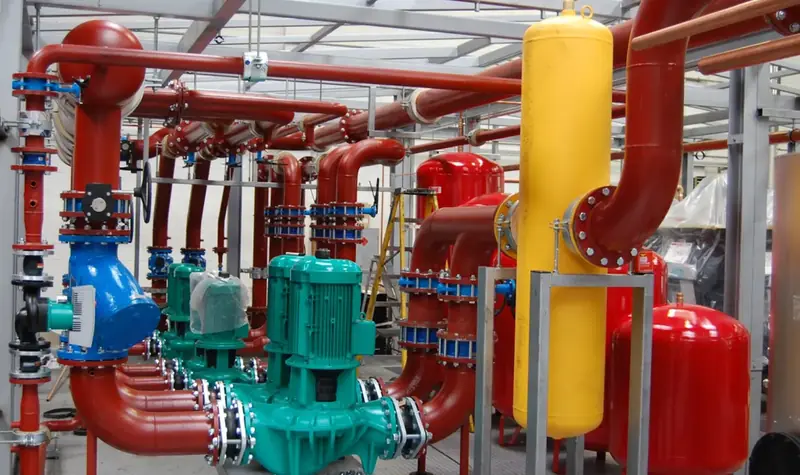 Red fire pump equipment and diesel engine in a pump room