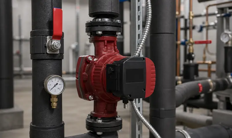 Representative vertical inline circulator pump on mechanical-room piping