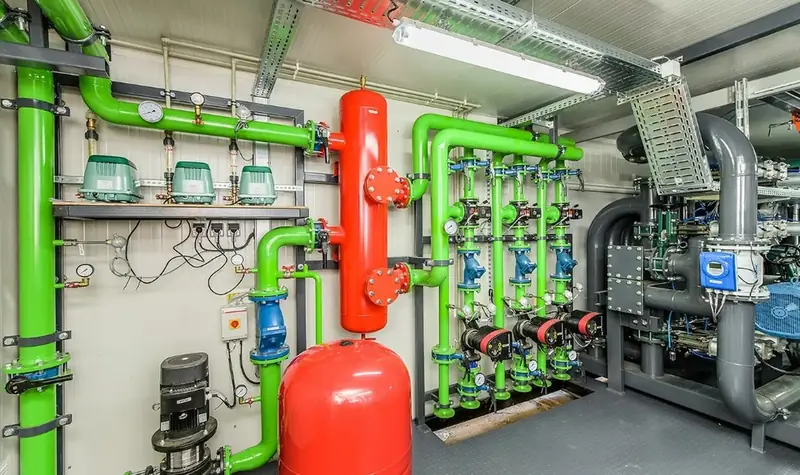Commercial mechanical room with circulating pumps and connected piping