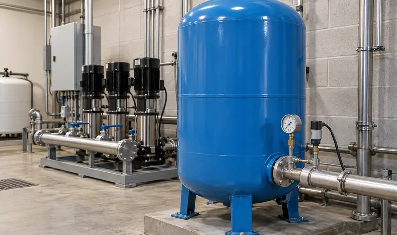 Representative pressure tank with gauge beside a booster pump package
