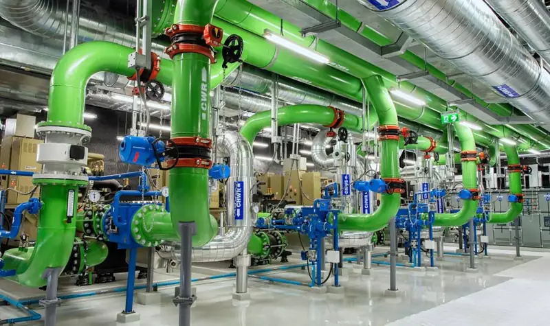 Commercial mechanical room with pump and piping systems