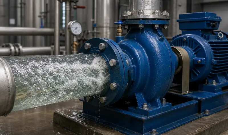 Illustration of vapor bubbles in piping near a centrifugal pump