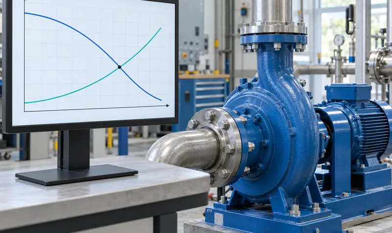 Representative centrifugal pump beside a monitor showing intersecting pump and system curves