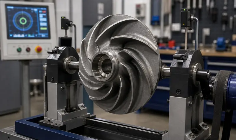 Representative metal pump impeller prepared for balancing inspection