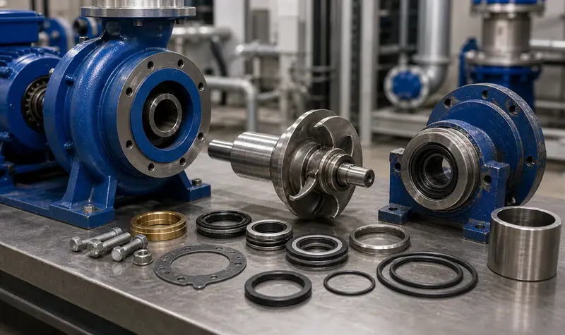 Representative pump casing and rotating components laid out for inspection