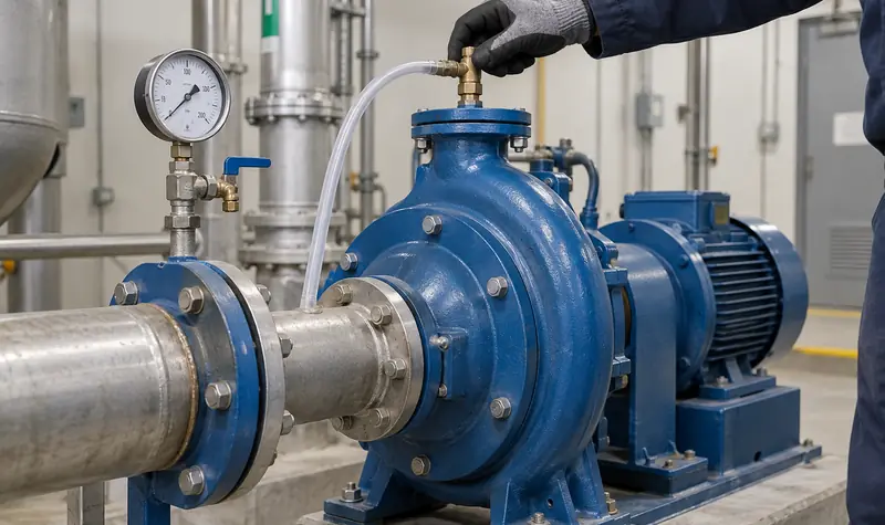 Representative pump casing vent and priming check