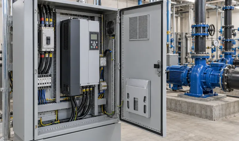 Representative variable-frequency drive cabinet beside a pump and motor