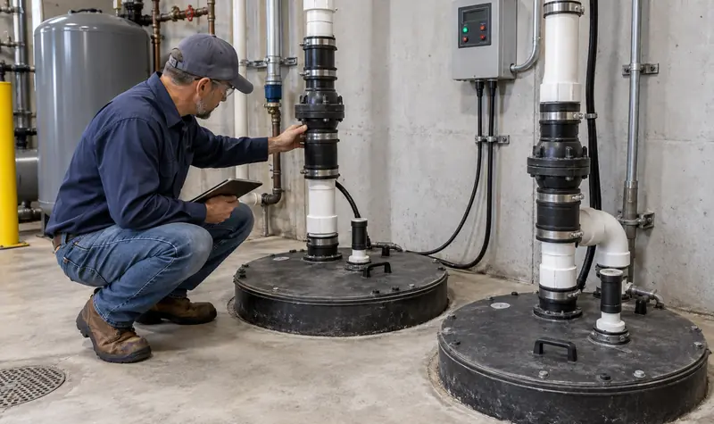 Representative sealed sewage ejector basins and discharge piping