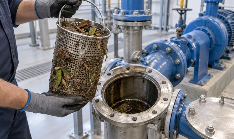 Representative clogged basket strainer removed for pump-system inspection