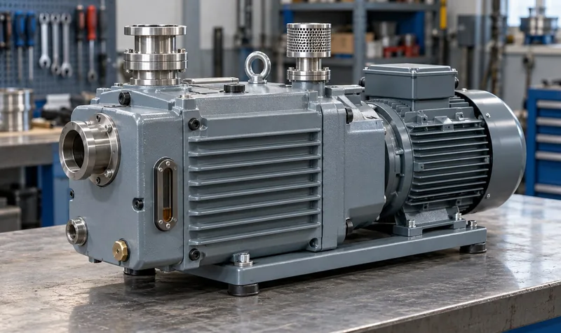 Representative vacuum pump and electric motor on a workshop bench