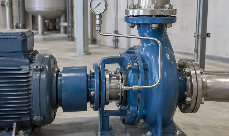 Representative centrifugal pump with mechanical seal flush tubing and pressure gauge