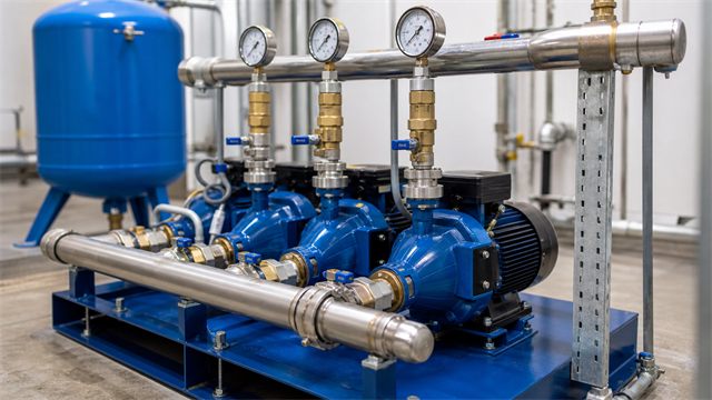 Blue centrifugal pumps and pressure gauges in a mechanical room