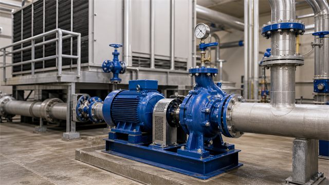 Condenser water and chilled water piping connected to a shell and tube heat exchanger