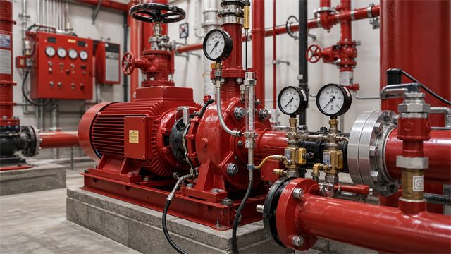 Red vertical turbine fire pump and diesel engine in a fire pump room