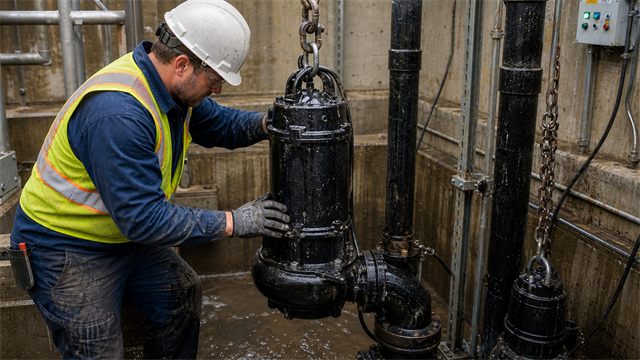 Flooded historic pumping station with pump platforms and wet well water