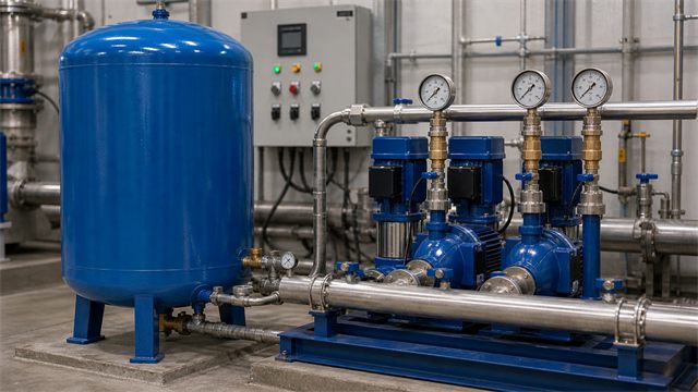 Water pressure tank connected to a pump and pressure controls