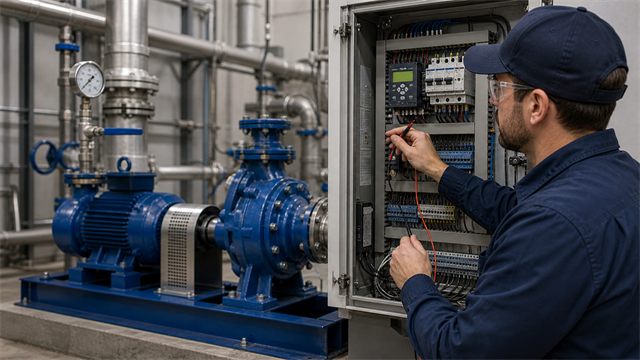 Open pump control unit with wiring, contactors, and terminal blocks
