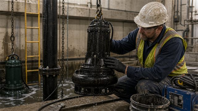 Submersible pump installed in the ground with piping and electrical cable visible