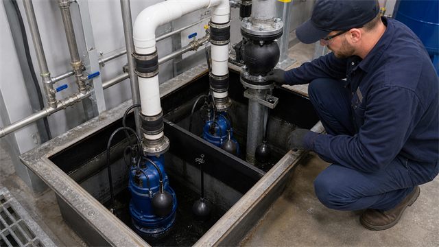Small AC powered sump pump with intake screen and discharge connection